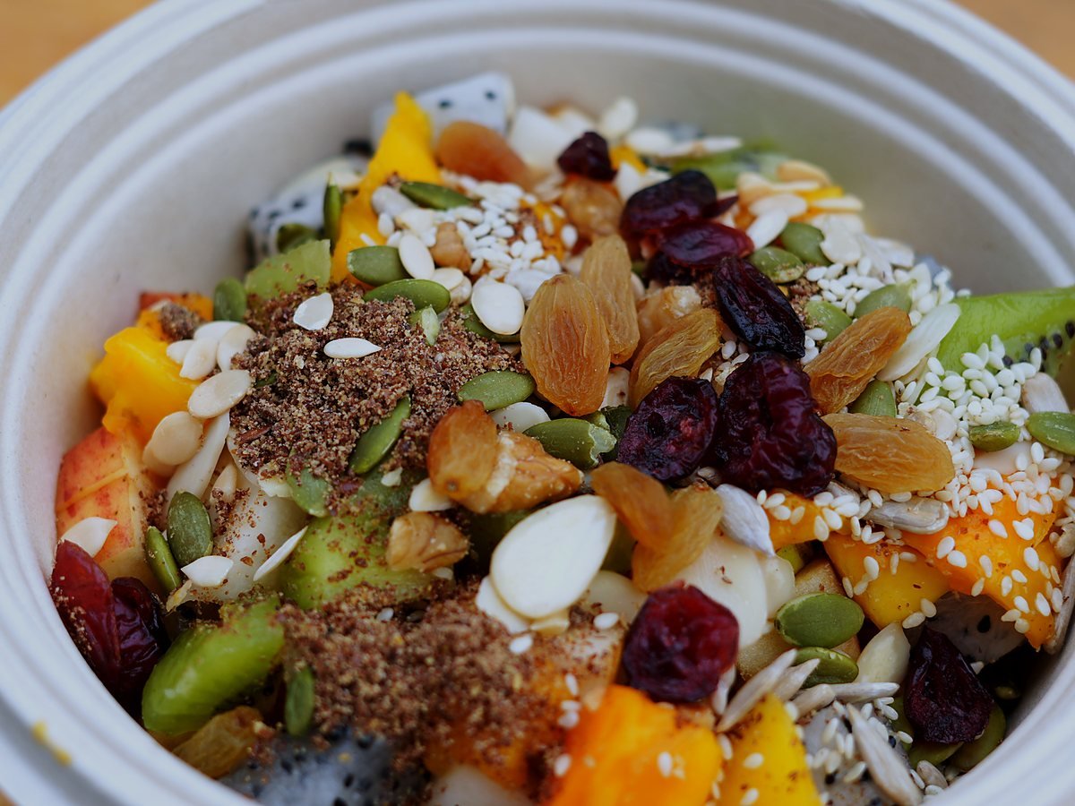 Sun Bowl — chia soaked in yogurt with six fresh fruits, nuts and seeds